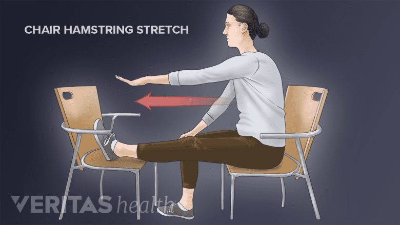 Woman sitting in a chair leaning forward doing a hamstring stretch.