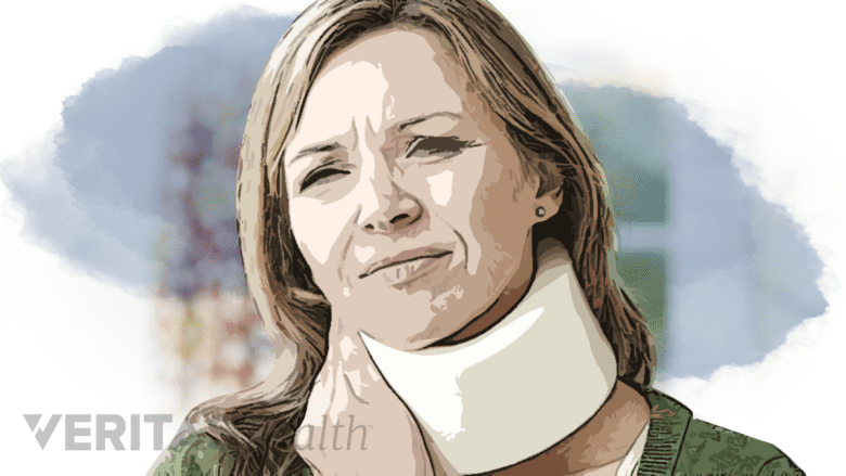 Filtered photo of a woman with a neck brace grabbing her neck with a pained expression.