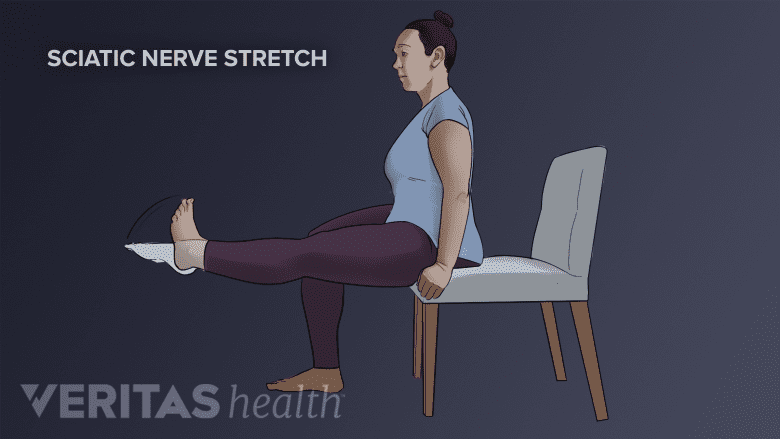Illustration of a woman sitting in a chair doing the sciatic nerve stretch